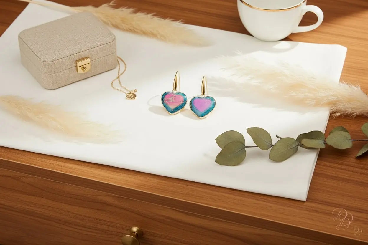Heart-shaped earrings with pink and blue design on a flat lay against a light background with ribbon and rose petals