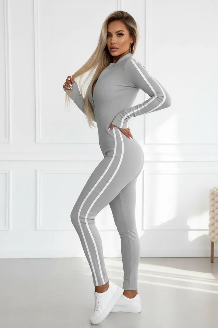 Full Size Stripe Zip-Front Long Sleeve Jumpsuit-Dias Dazzling Discoveries Trendsi