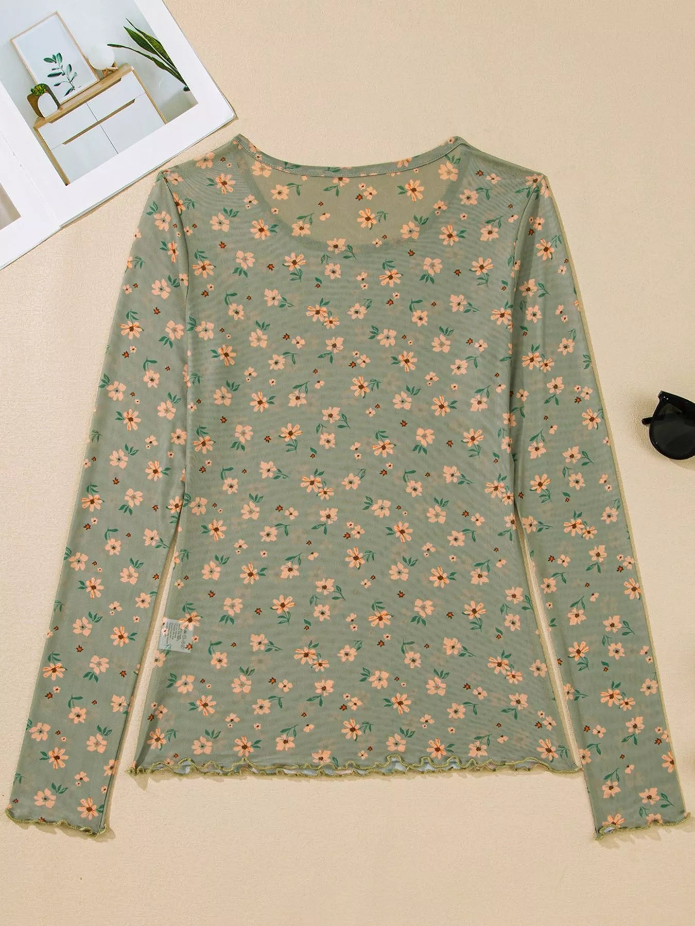 Floral Print Mesh Long Sleeve Top