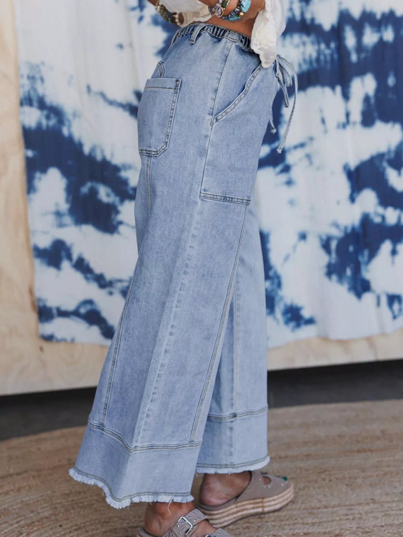 🧵 Wide Leg Drawstring Raw Hem Jeans - Dazzle in Every Detail