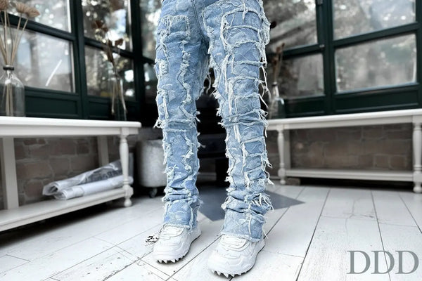 Men’s Fringed Ripped Stacked Jeans — Trendy Patched Slim Fit Trousers Trendsi