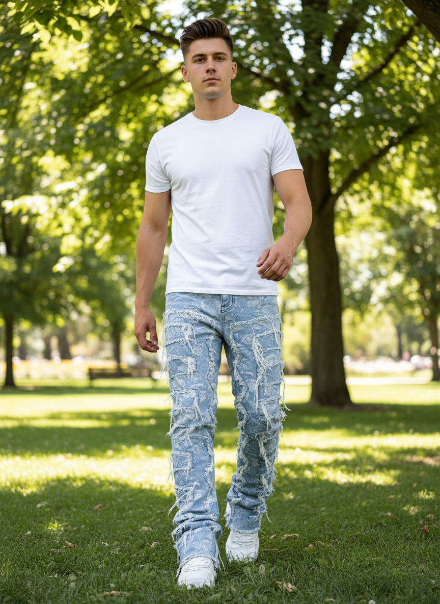 Men’s Fringed Ripped Stacked Jeans — Trendy Patched Slim Fit Trousers Dias Dazzling Discoveries