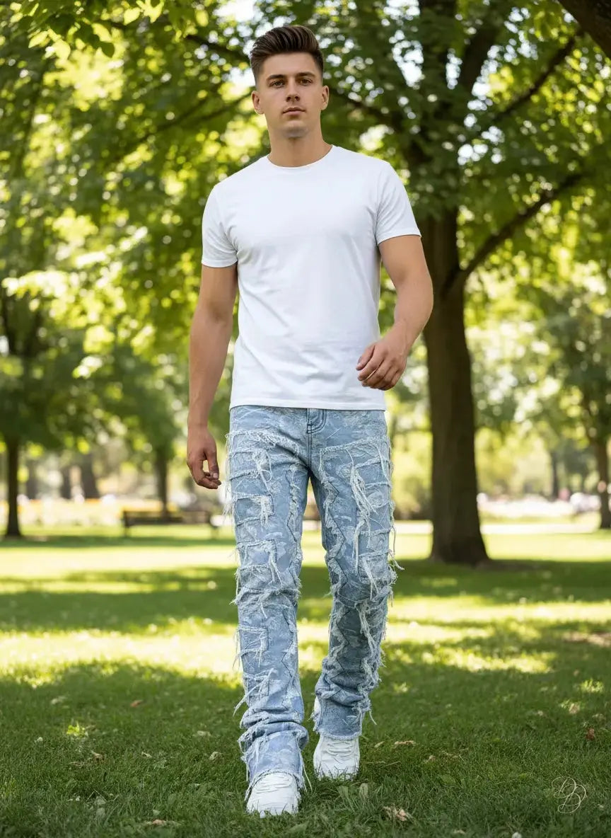 Men’s Fringed Ripped Stacked Jeans — Trendy Patched Slim Fit Trousers Trendsi