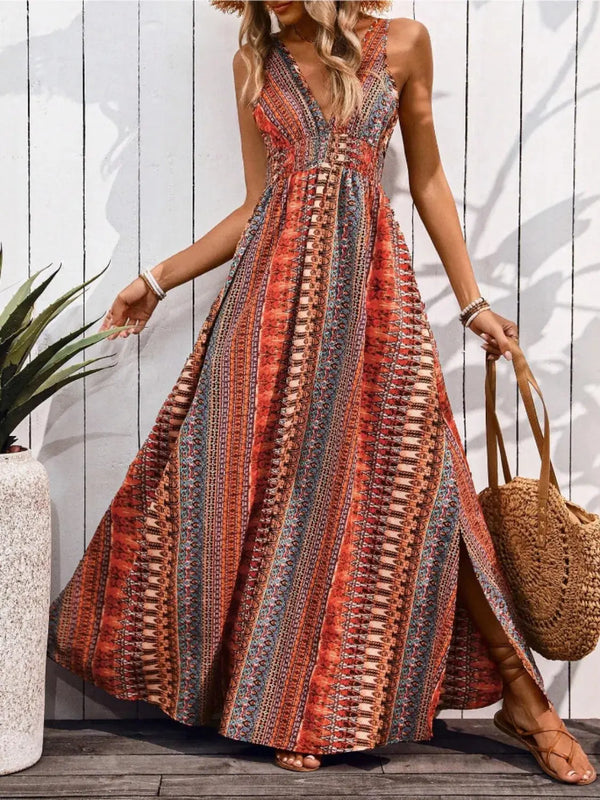 Ladies Fashion Tied Back Printed Sleeveless Maxi Slit Dress - Your Dias Dazzling Discoveries Find Tied Back Printed Sleeveless Maxi Slit Dress - Your Dias Dazzling 