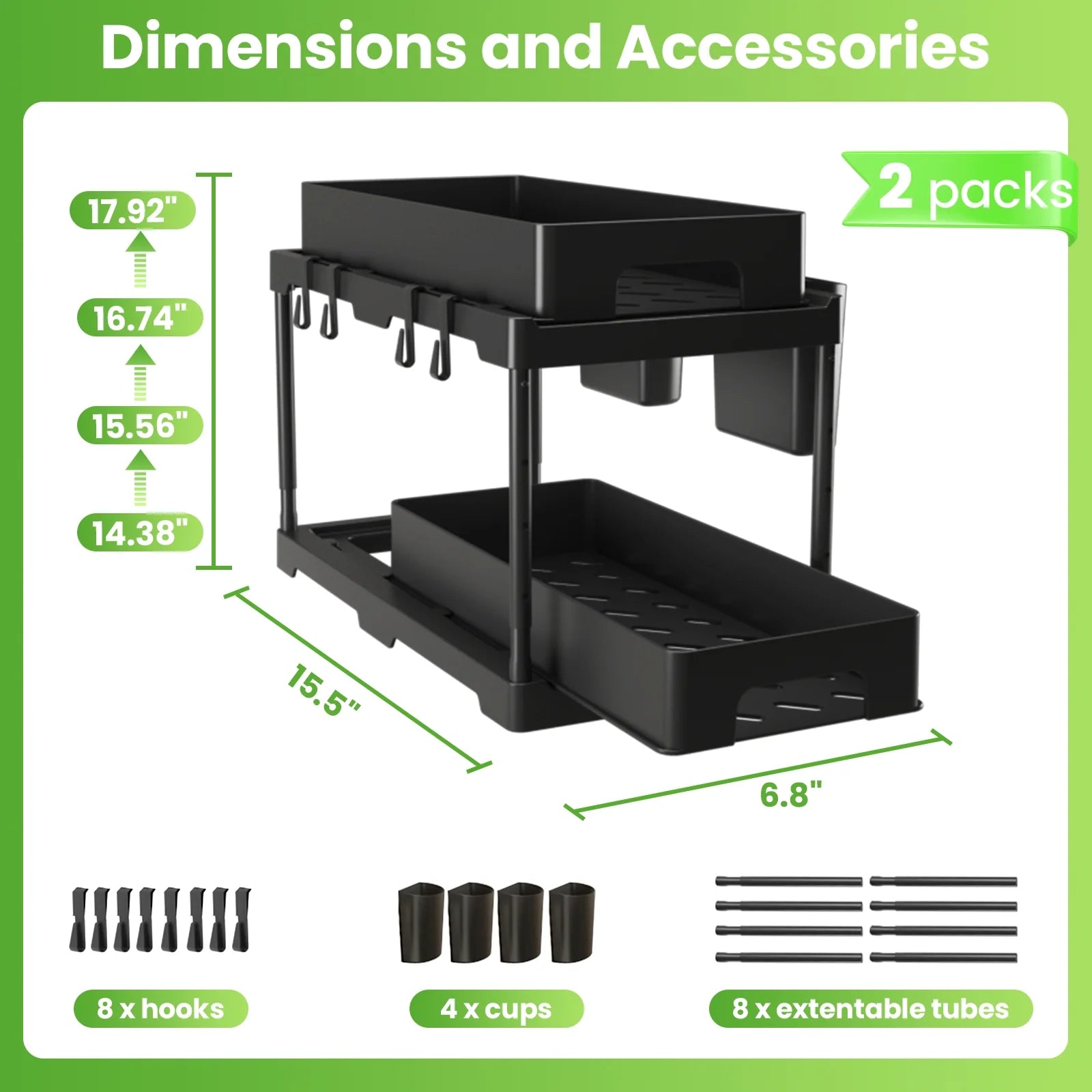 🧼 Declutter in Style – 2-Tier Under Sink Organizer with Sliding Drawers & Hooks