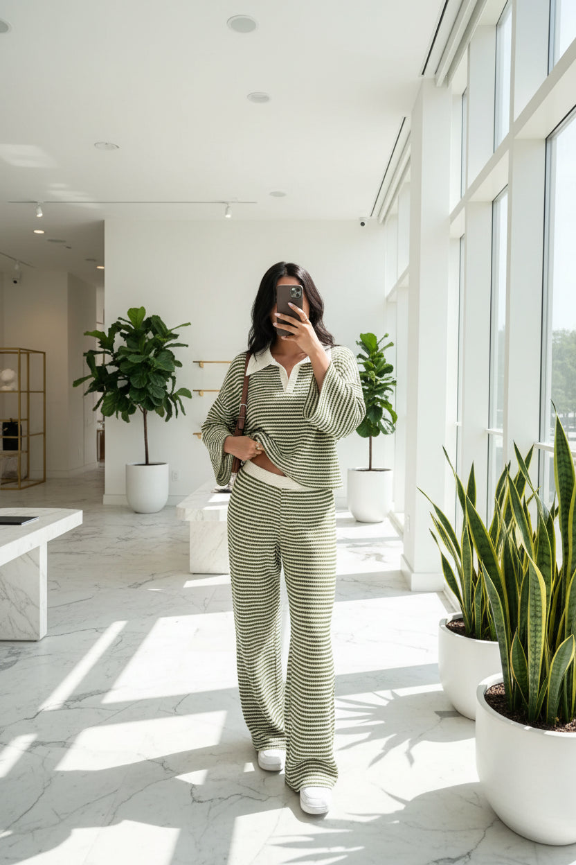 Striped Long Sleeve Polo and Wide-Leg Pants Set Striped Long Sleeve Polo and Wide-Leg Pants Set