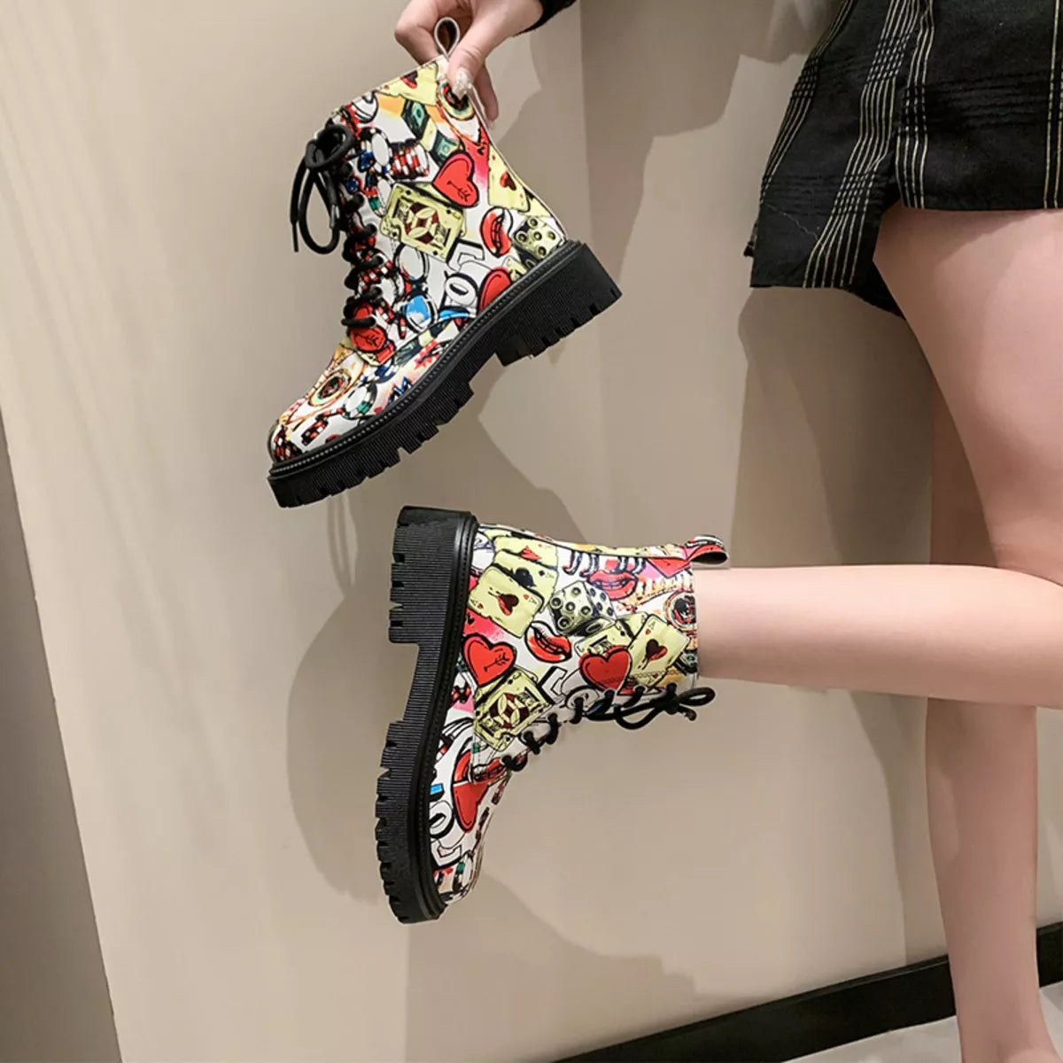Graffiti Print Combat Boots with Colorful Street Art Design