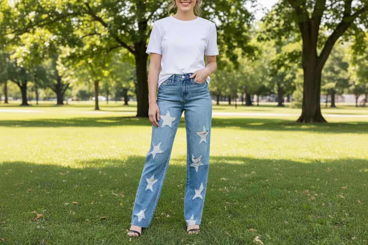 Ladies Full Size High Waist  Rigid Magic Star Shaped Destroy  Straight Jeans Trendsi