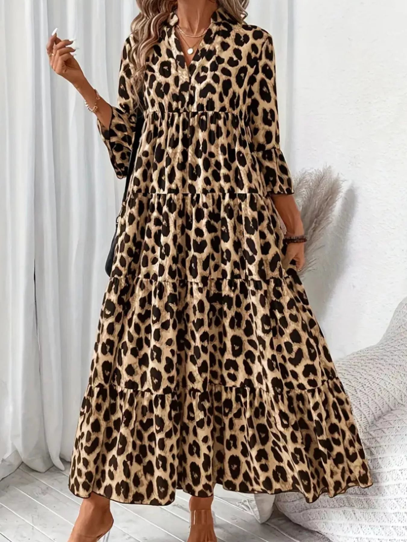 🐆 Leopard 3/4 Midi Dress – Ruched, Wild, and Ready to Dazzle