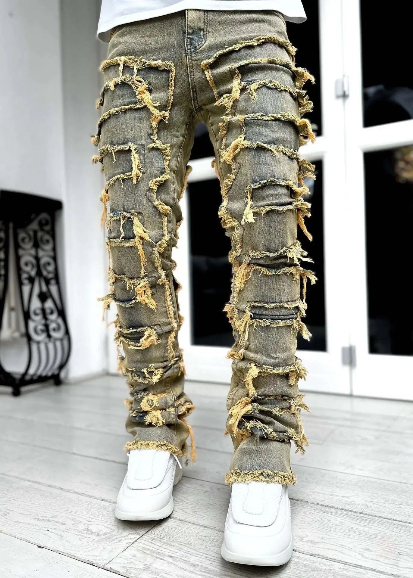 Men’s Fringed Ripped Stacked Jeans — Trendy Patched Slim Fit Trousers Trendsi