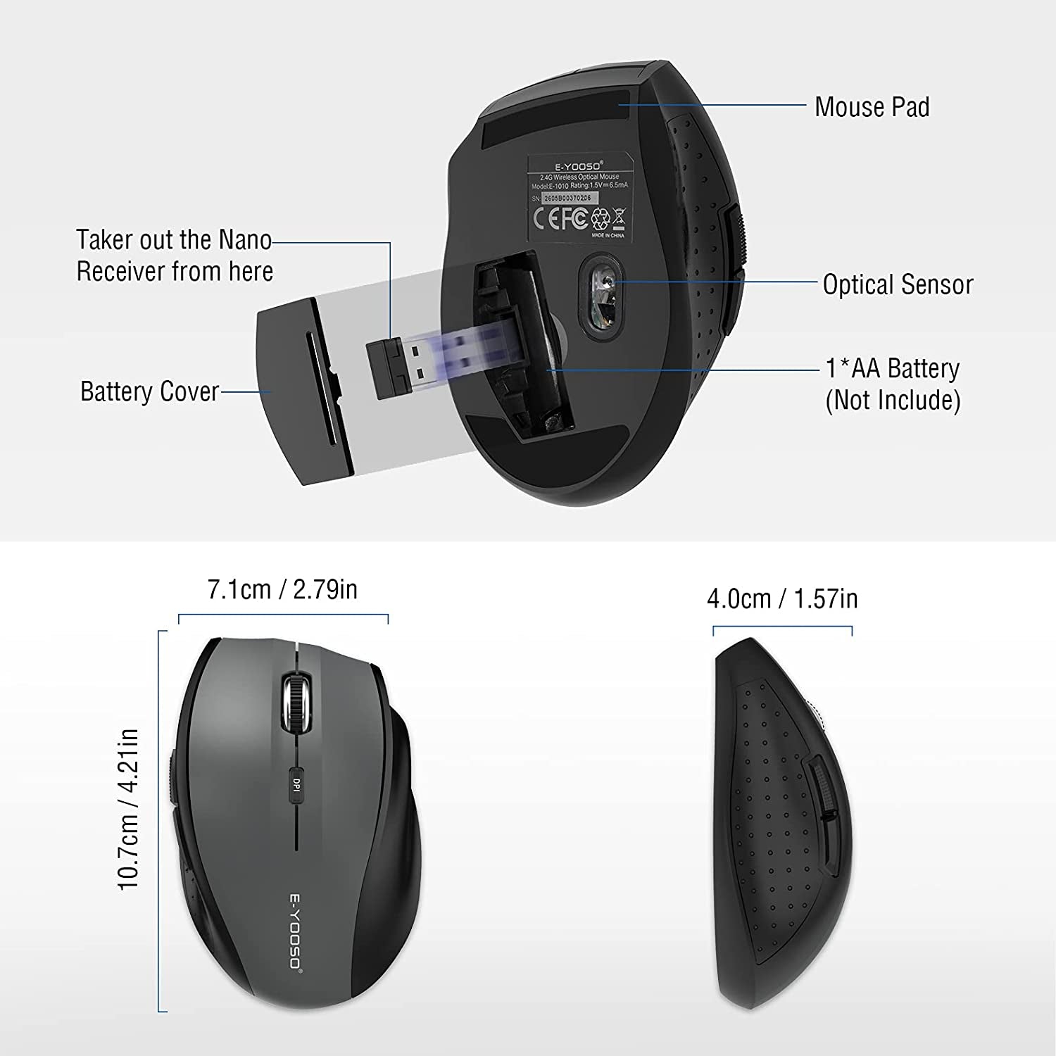 Wireless Mouse for Laptop, Portable Optical Computer Mouse, 6 Buttons, Cordless 2.4Ghz with USB Receiver, 5-Level 4800 DPI, 18 Months Battery Life, for PC, Chromebook, Windows, Mac