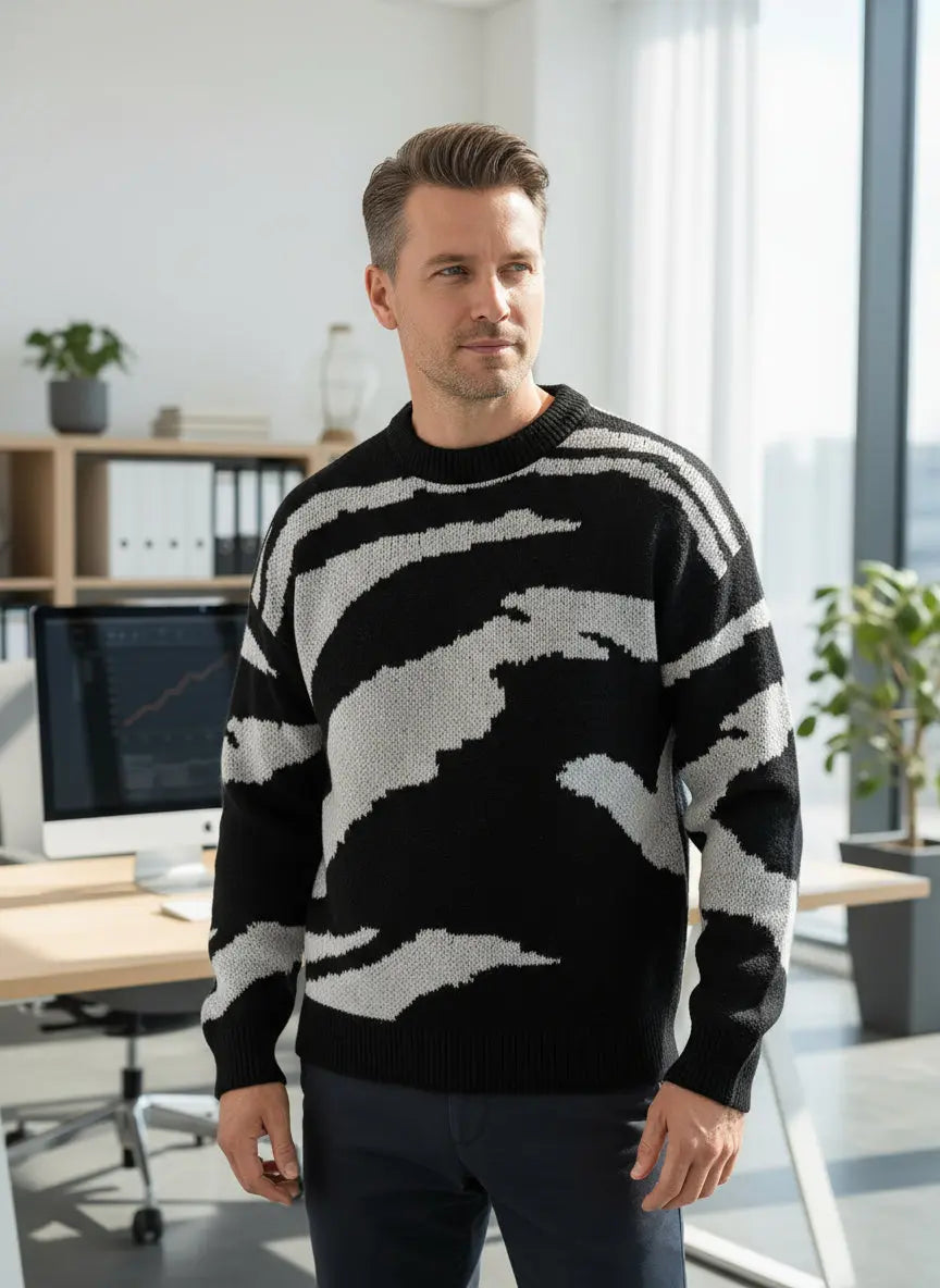 man wearing a black and white sweater in an office 