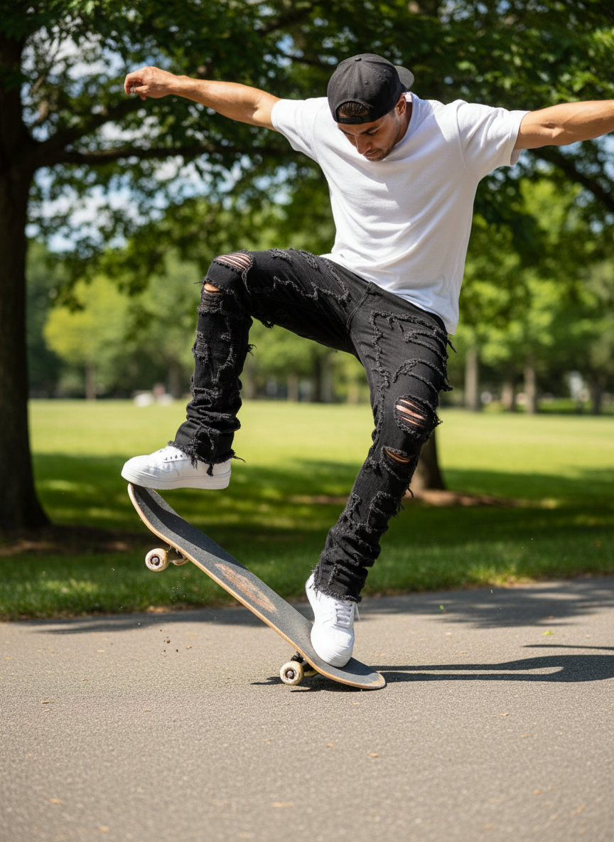 Men’s Fringed Ripped Stacked Jeans — Trendy Patched Slim Fit Trousers Dias Dazzling Discoveries