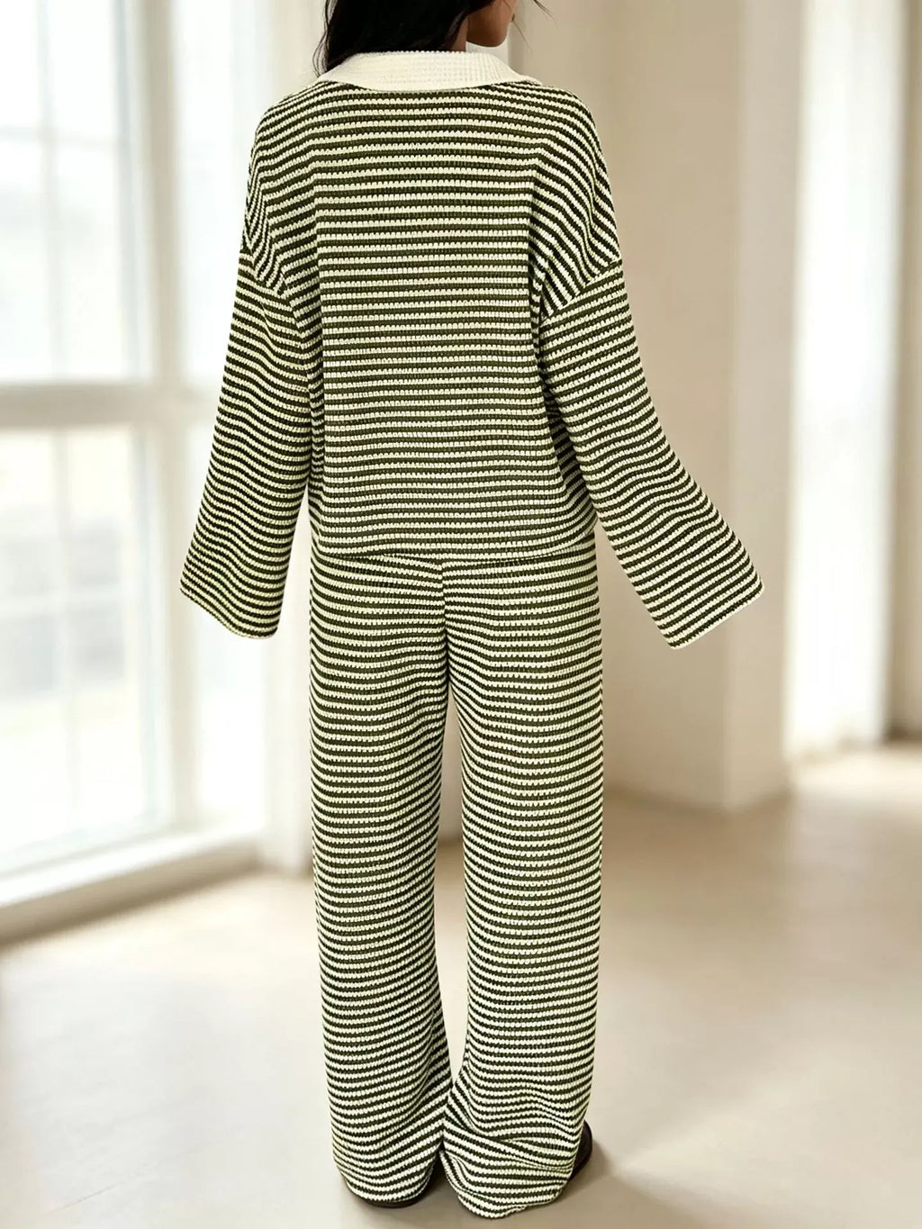 Striped Long Sleeve Polo and Wide-Leg Pants Set Striped Long Sleeve Polo and Wide-Leg Pants Set