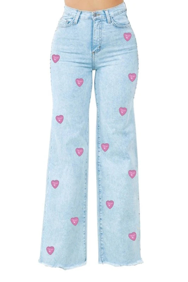 High Rise Wide Leg Jeans – Heart Pearl Embellished Denim Made in USA