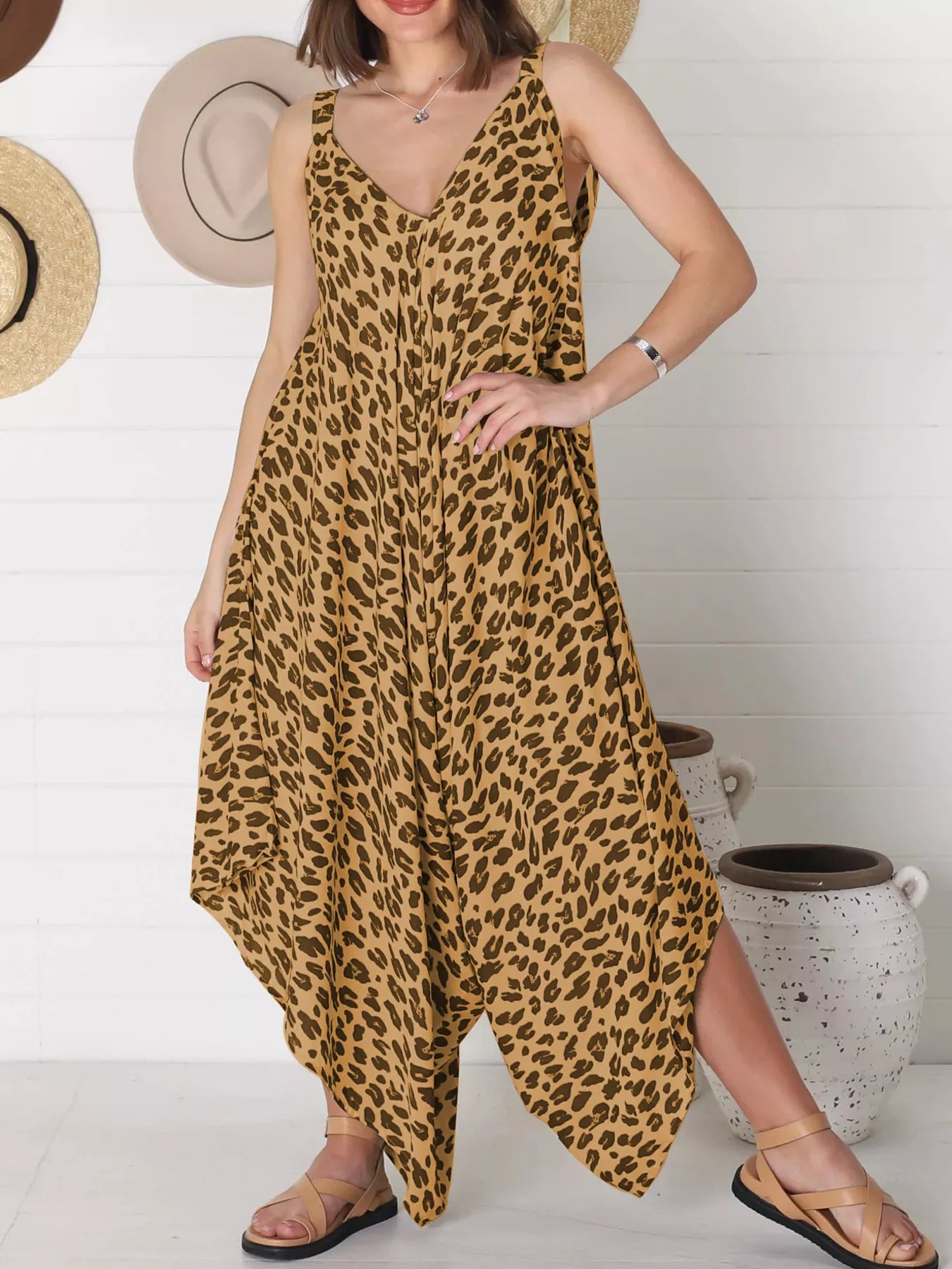 Full Size Leopard Print V-Neck Wide Leg Jumpsuit Plus Size
