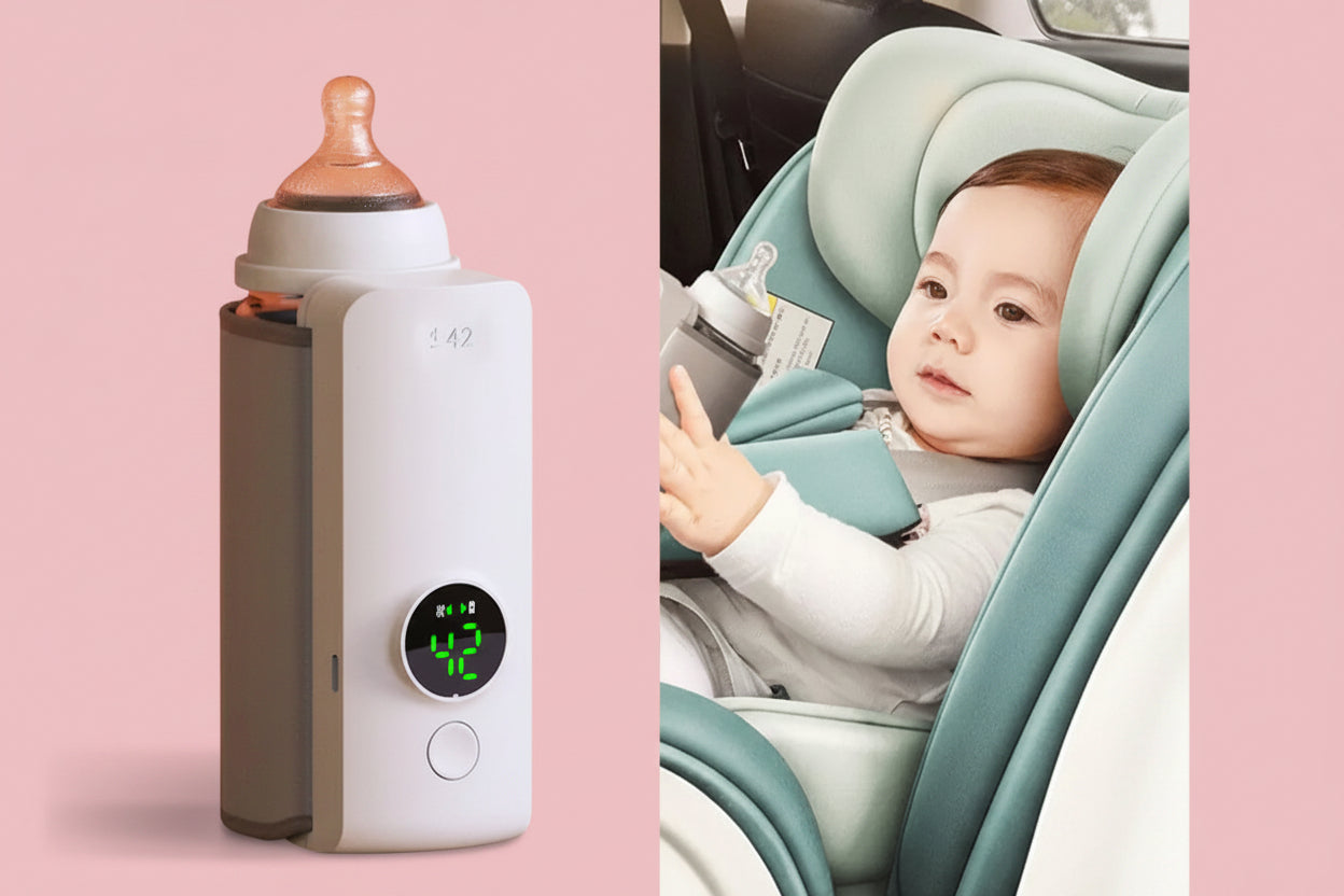 Baby bottle warmer and baby in car seat with pacifier