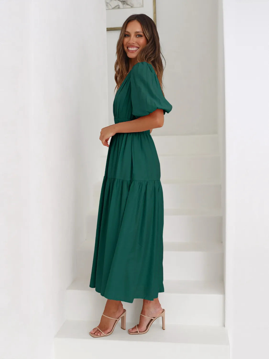 Tiered Surplice Half Sleeve Midi Dress