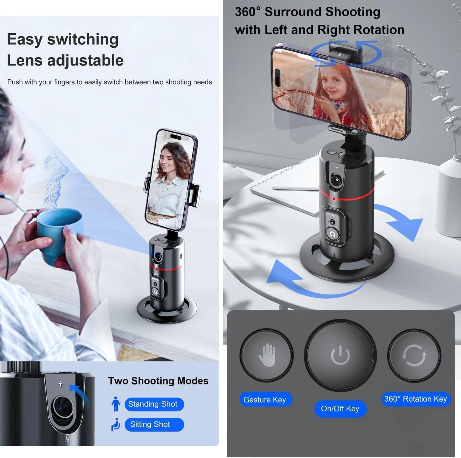 Auto Face Tracking Phone Holder Tripod, No App Required, 360° Rotation Smart Face Body Tracking Tripod Selfie Phone Camera Stand