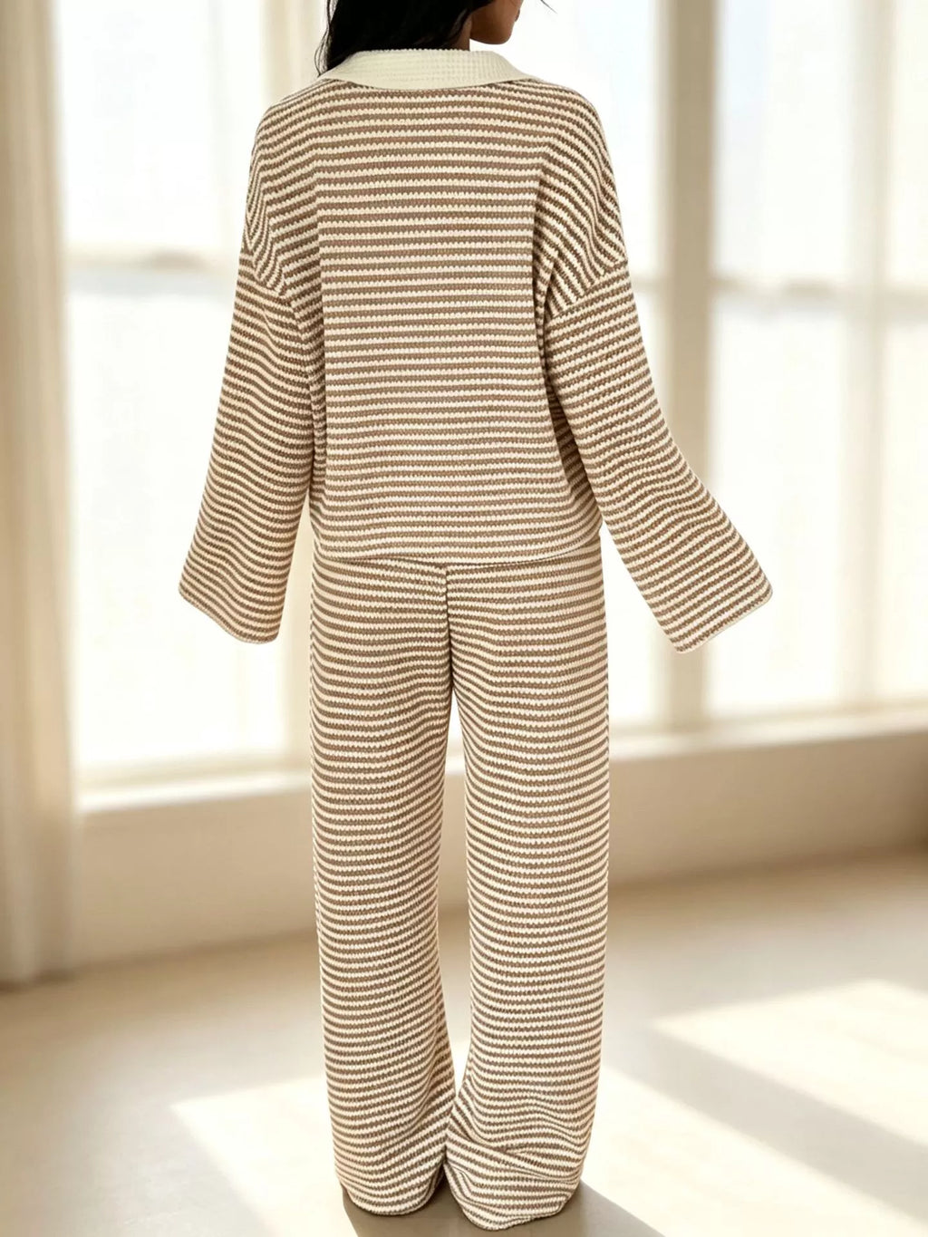 Striped Long Sleeve Polo and Wide-Leg Pants Set Striped Long Sleeve Polo and Wide-Leg Pants Set
