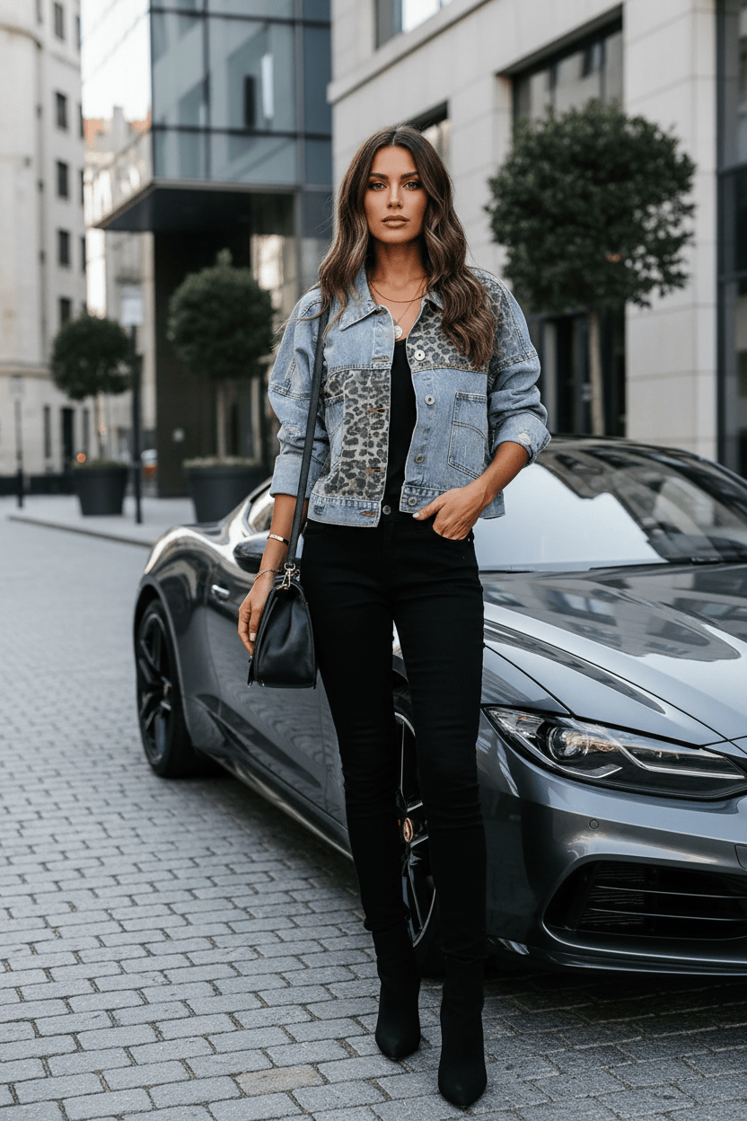 Distressed Leopard Drop Shoulder Denim Jacket Distressed Leopard Drop Shoulder Denim Jacket - Dias Dazzling 