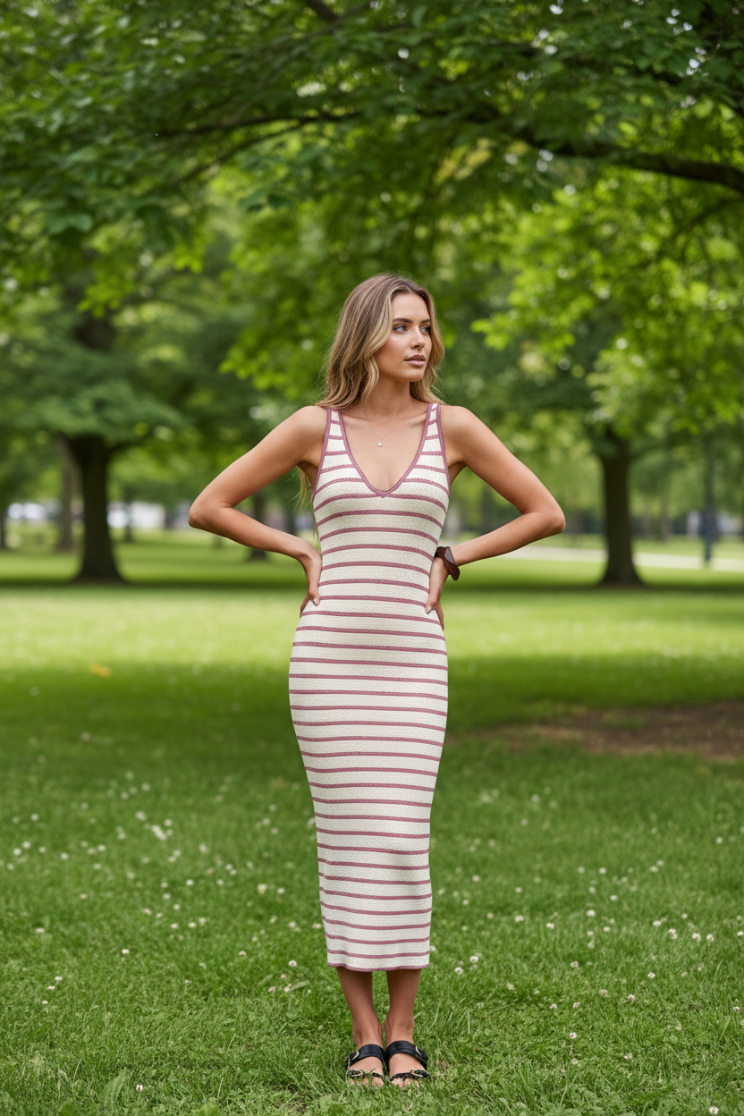 Striped Bodycon Knit Midi Dress – Effortlessly Sculpted, Softly Styled Trendsi