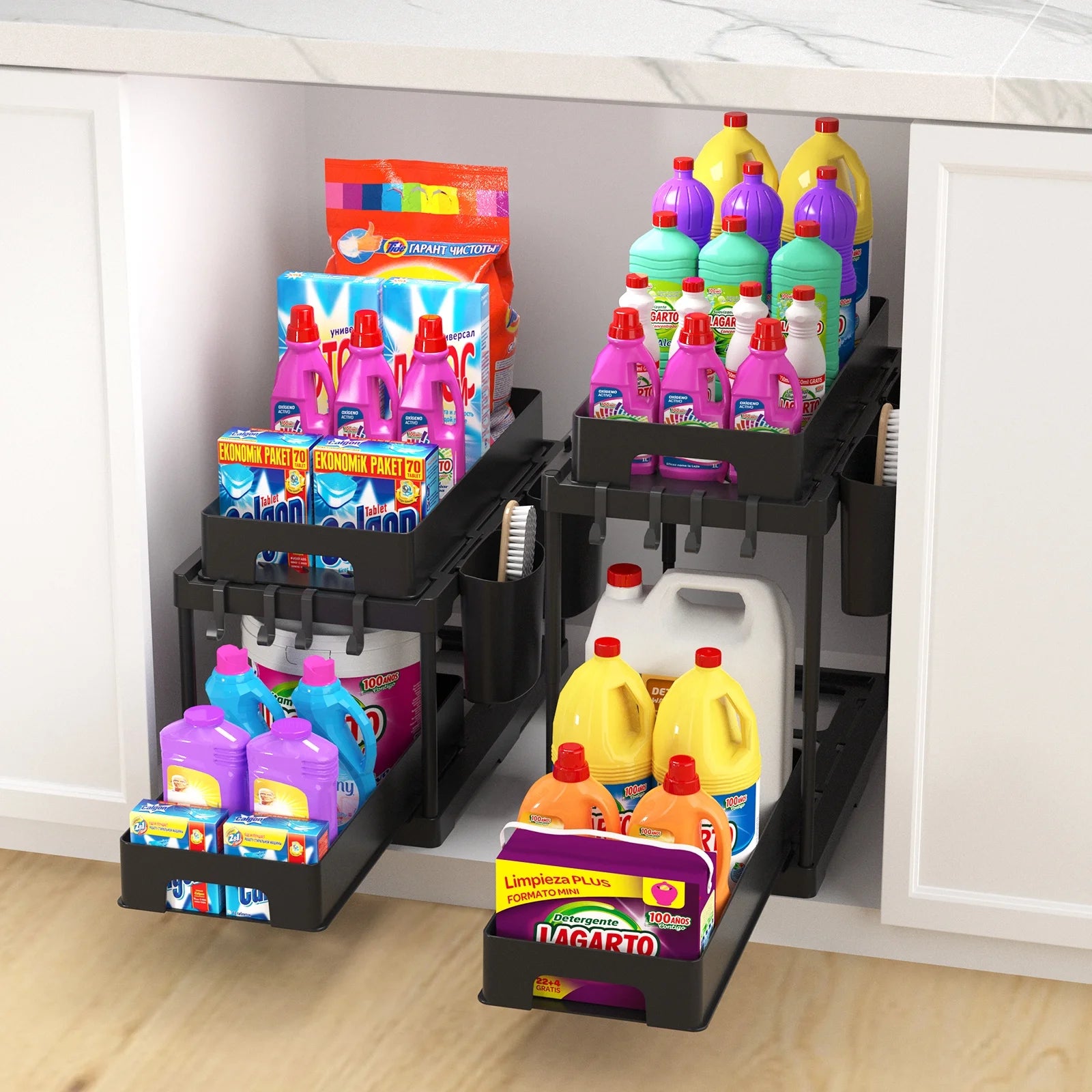 🧼 Declutter in Style – 2-Tier Under Sink Organizer with Sliding Drawers & Hooks