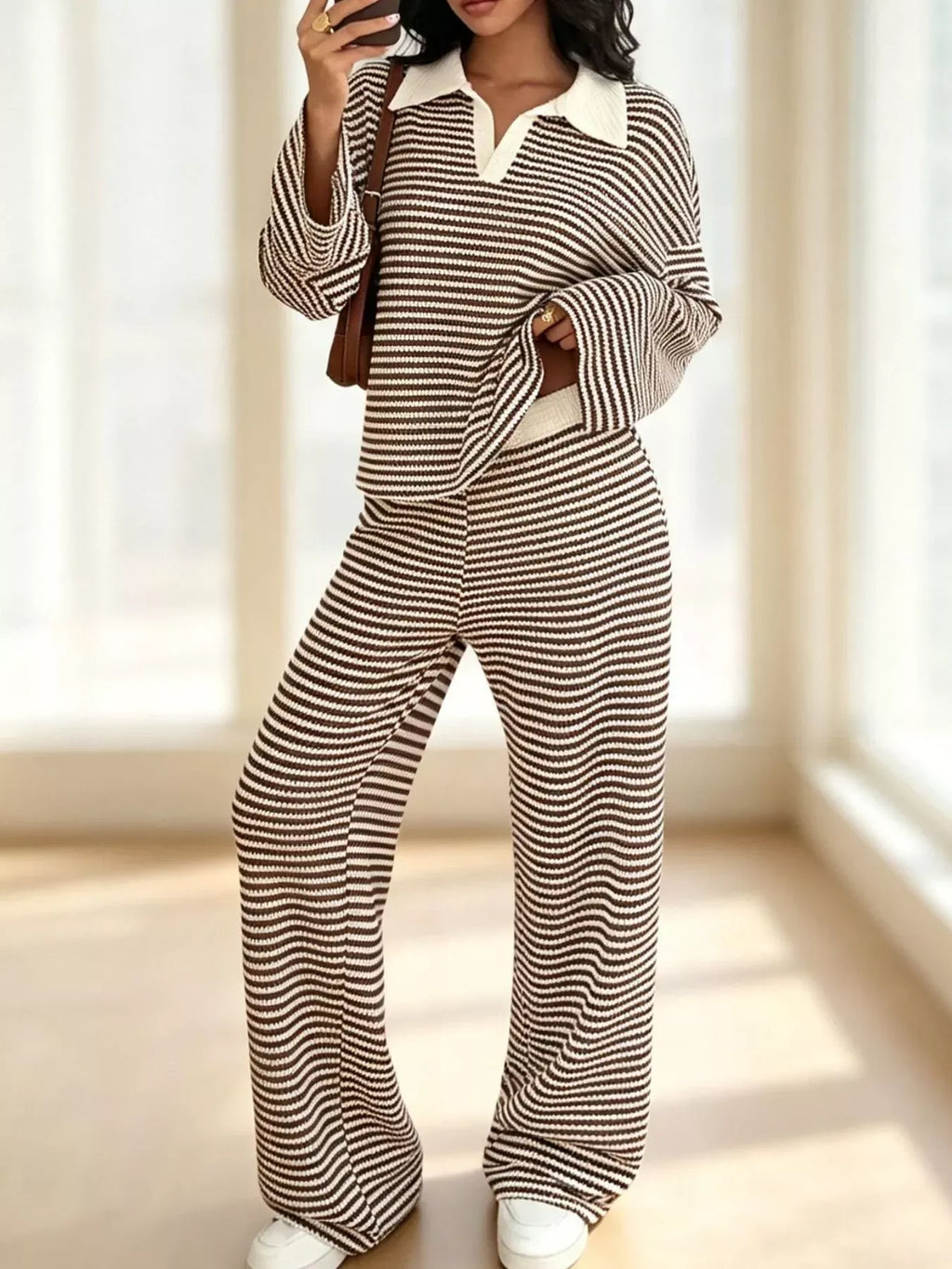 Striped Long Sleeve Polo and Wide-Leg Pants Set Striped Long Sleeve Polo and Wide-Leg Pants Set