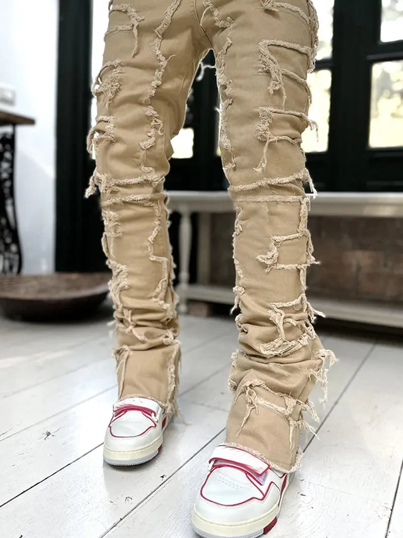Men’s Fringed Ripped Stacked Jeans — Trendy Patched Slim Fit Trousers Trendsi