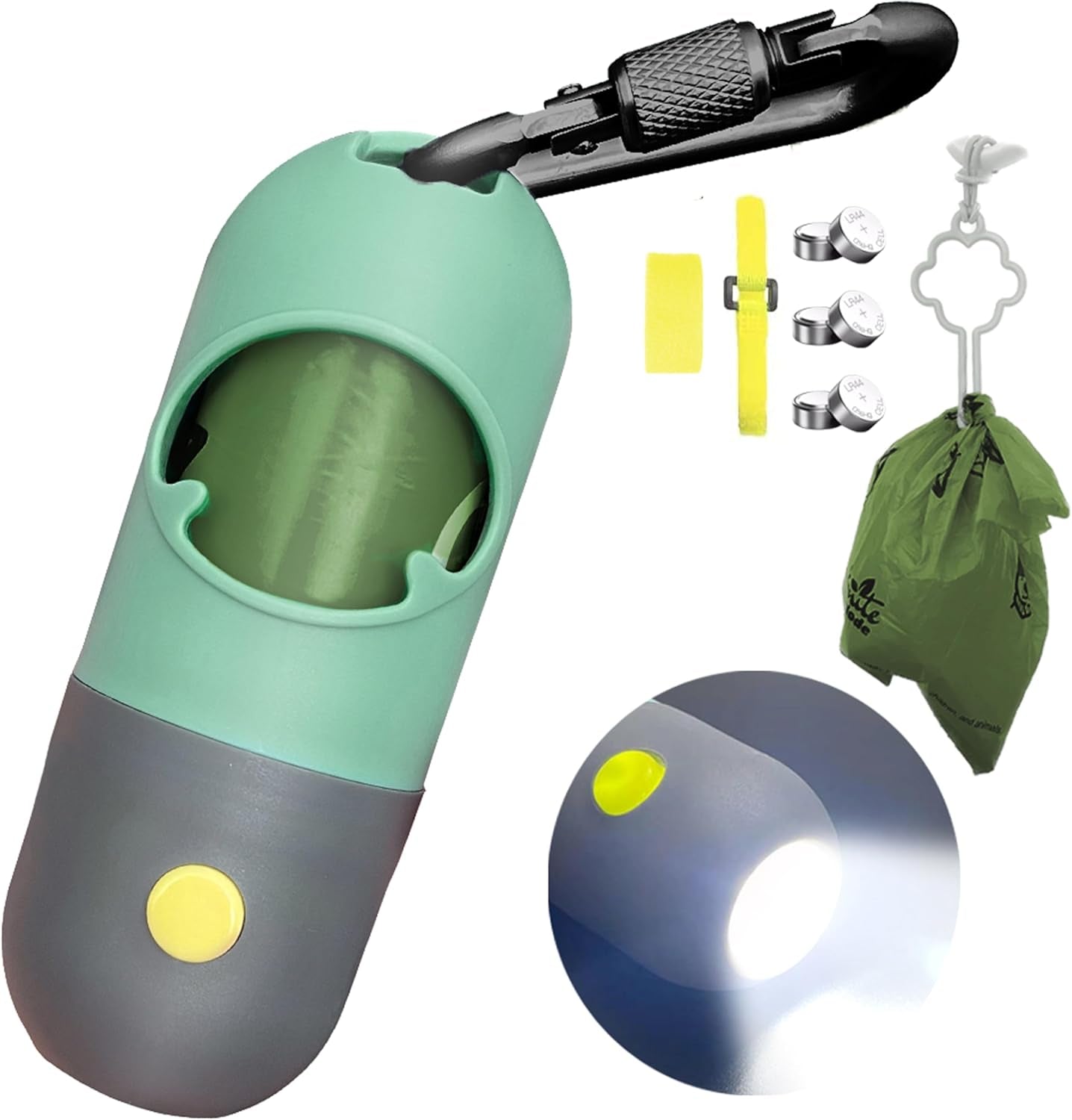 Light-Up Dog Poop Bag Dispenser (Mint Green) - Leash Clip Included