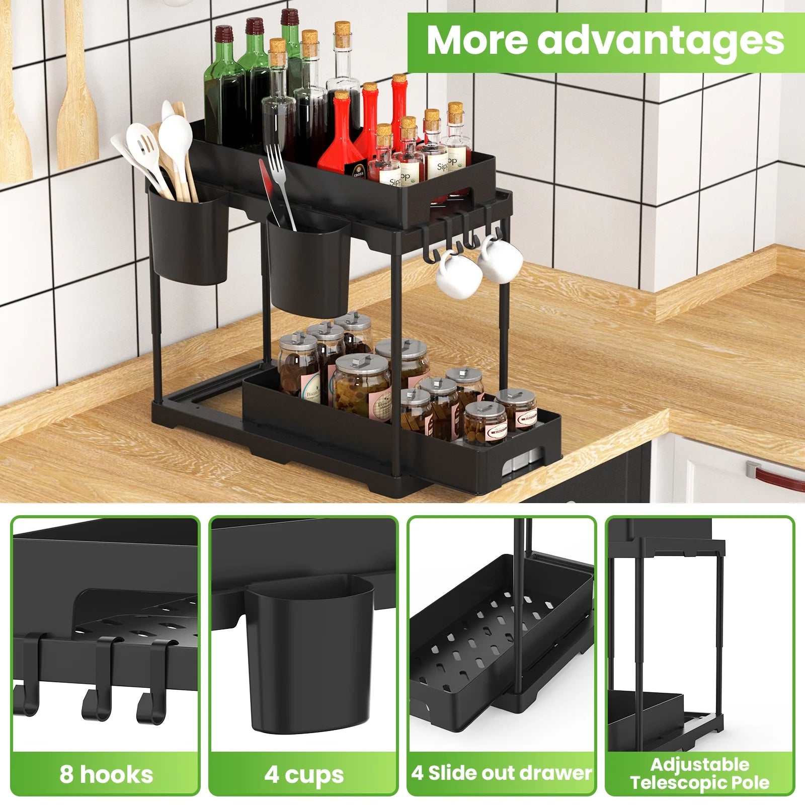 🧼 Declutter in Style – 2-Tier Under Sink Organizer with Sliding Drawers & Hooks