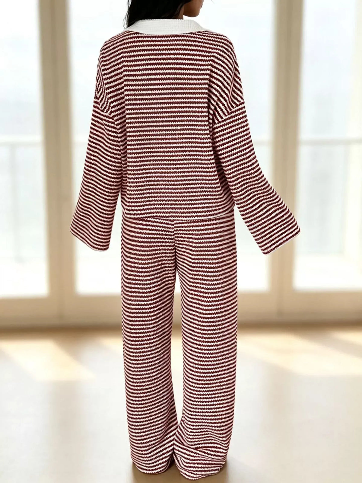 Striped Long Sleeve Polo and Wide-Leg Pants Set Striped Long Sleeve Polo and Wide-Leg Pants Set