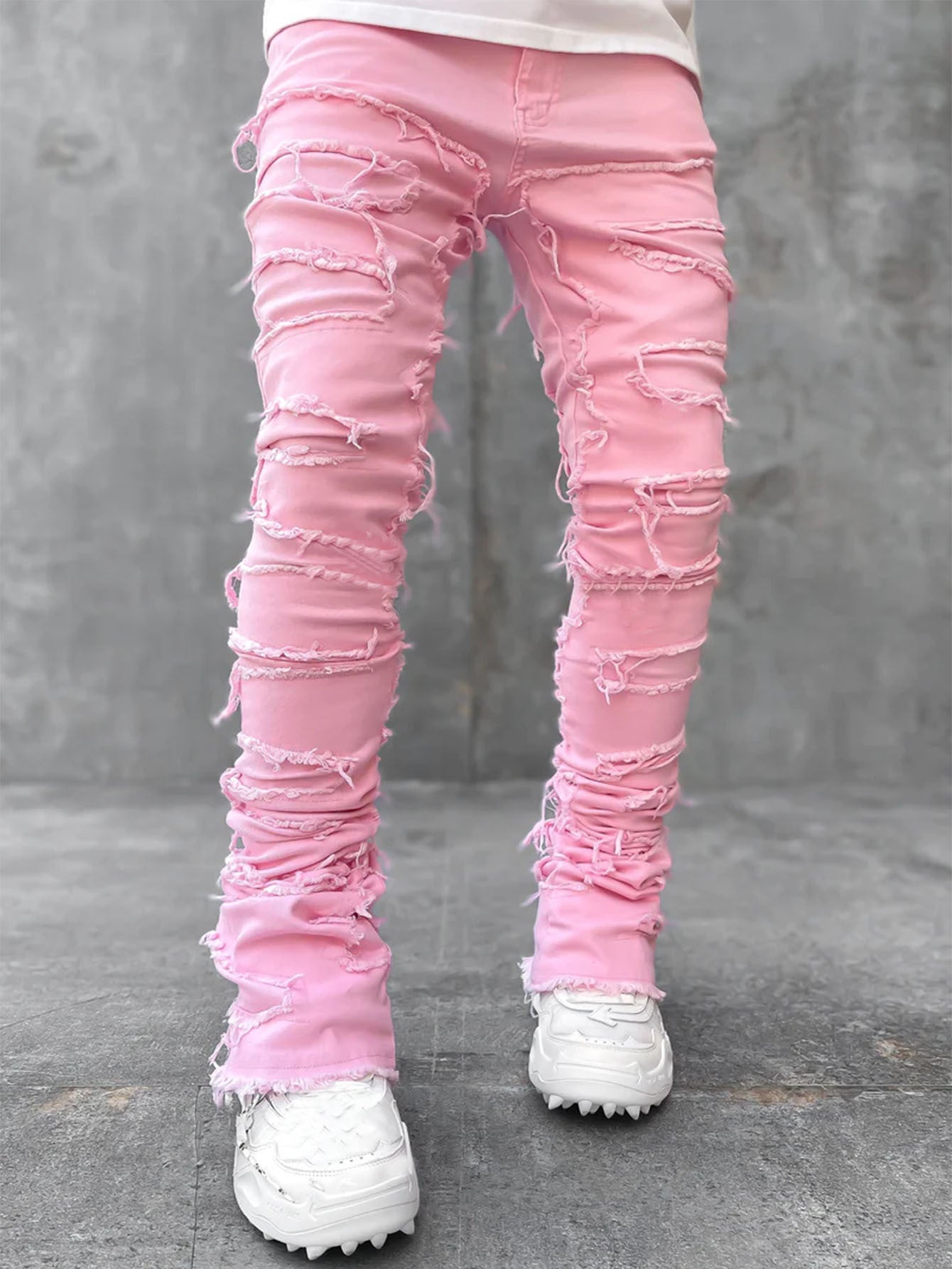 Men’s Fringed Ripped Stacked Jeans — Trendy Patched Slim Fit Trousers Dias Dazzling Discoveries
