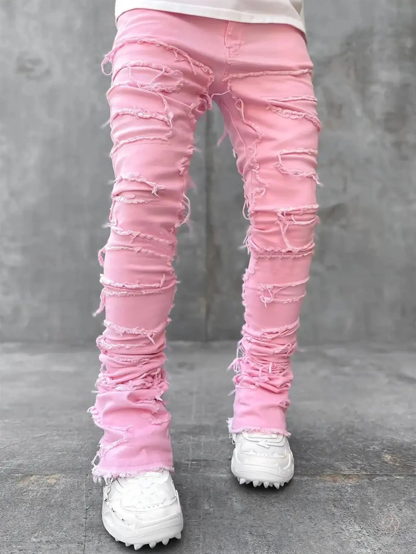 Men’s Fringed Ripped Stacked Jeans — Trendy Patched Slim Fit Trousers Trendsi