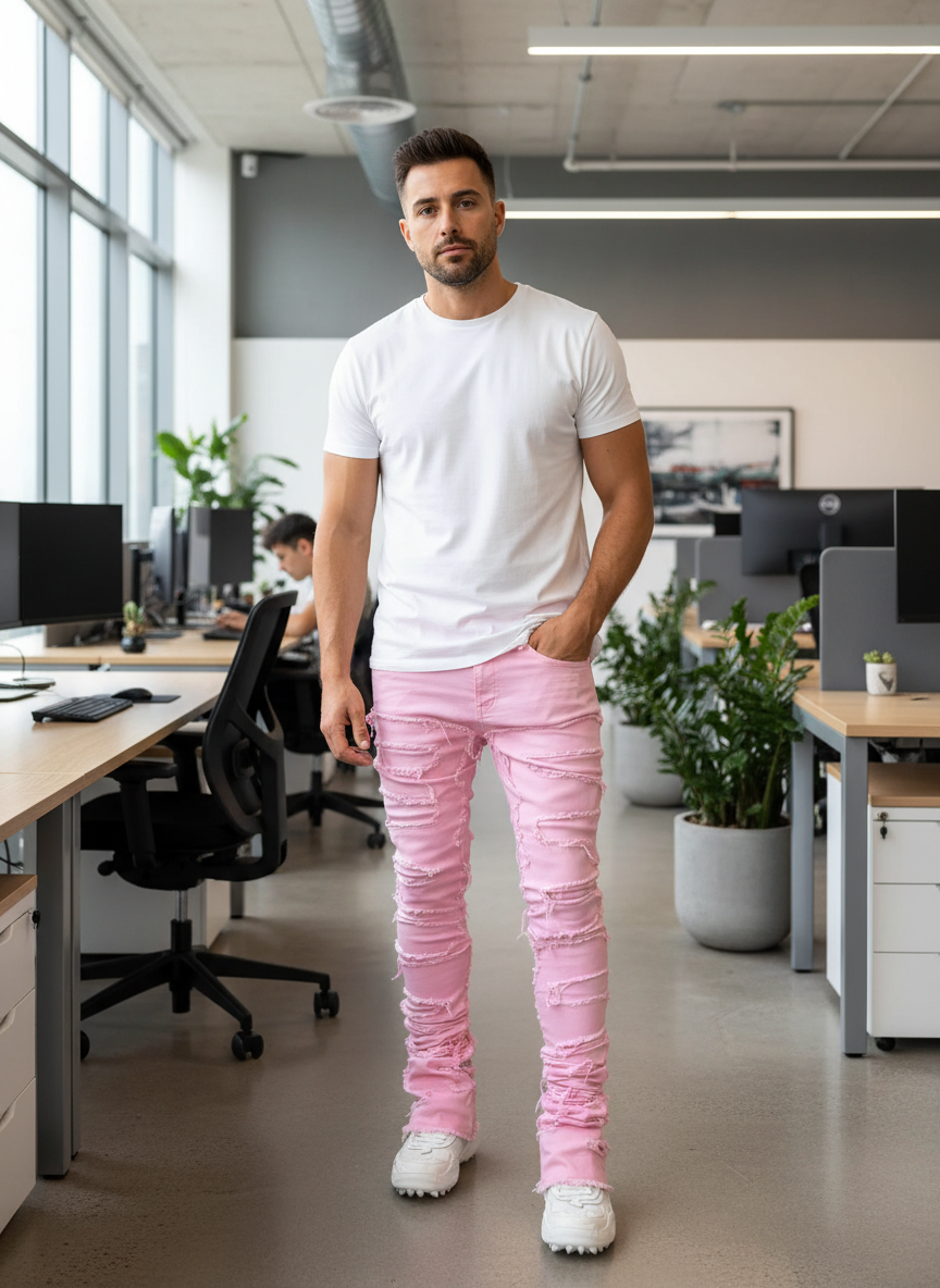 Men’s Fringed Ripped Stacked Jeans — Trendy Patched Slim Fit Trousers Dias Dazzling Discoveries