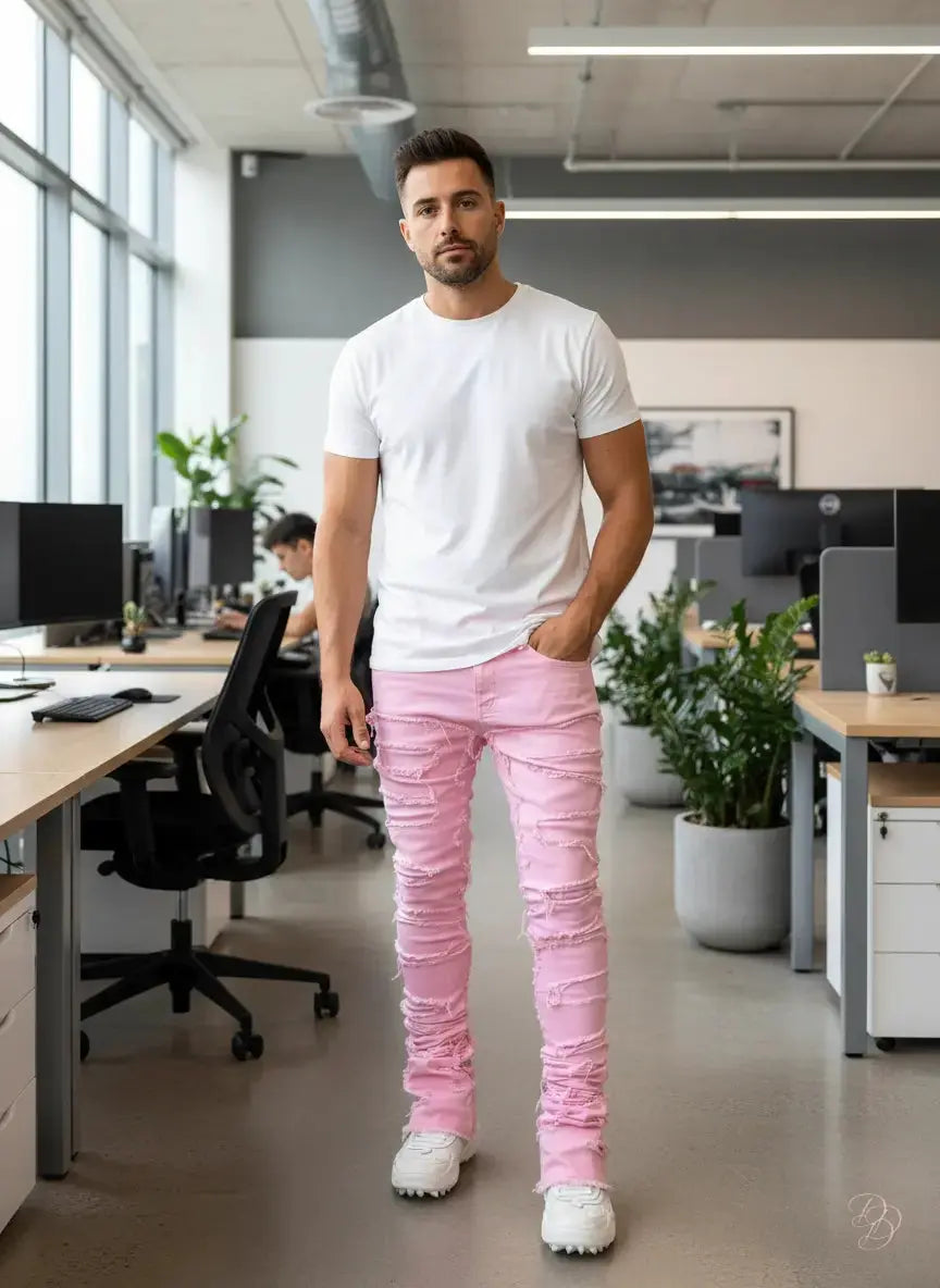 Men’s Fringed Ripped Stacked Jeans — Trendy Patched Slim Fit Trousers Trendsi