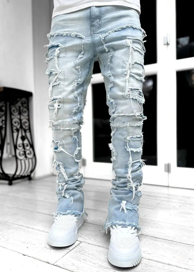 Men’s Fringed Ripped Stacked Jeans — Trendy Patched Slim Fit Trousers Trendsi
