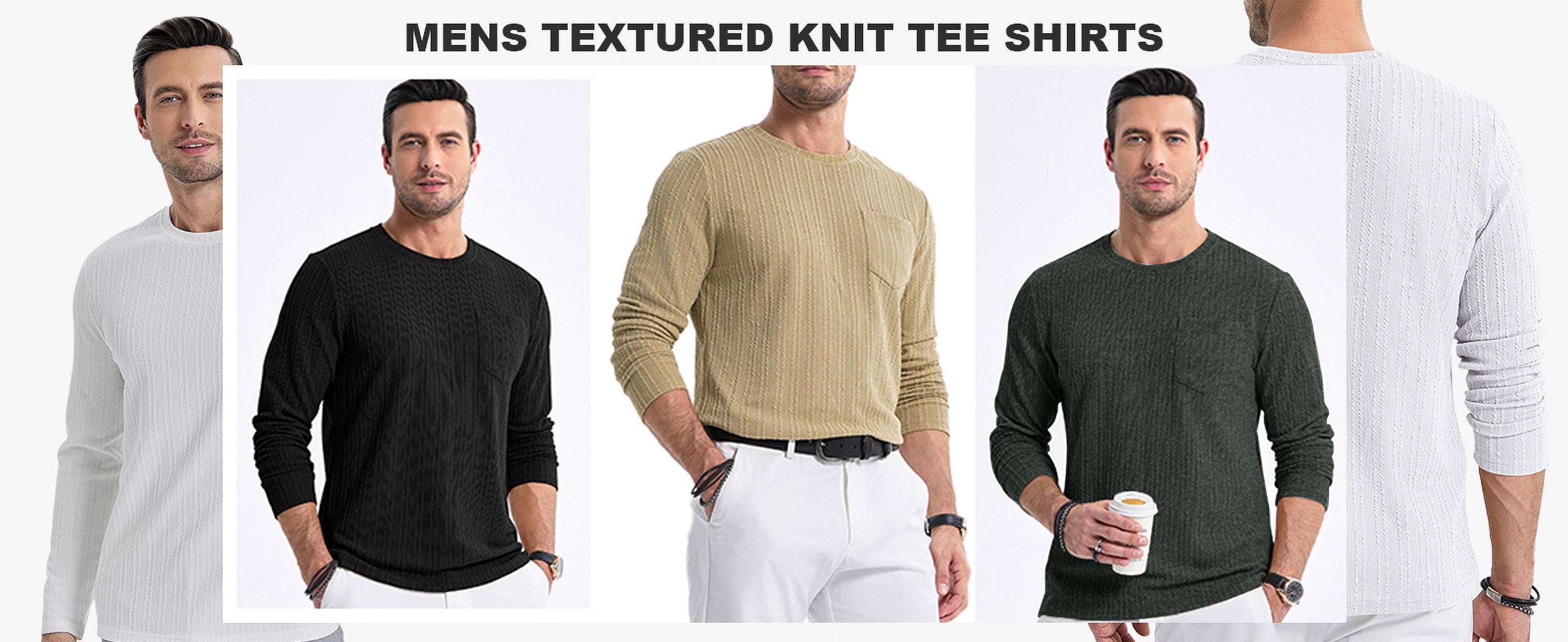 Mens Long Sleeve Shirts Crewneck Casual Tops Pullover Work Shirts Stretch Textured Knit T-Shirts with Pocket