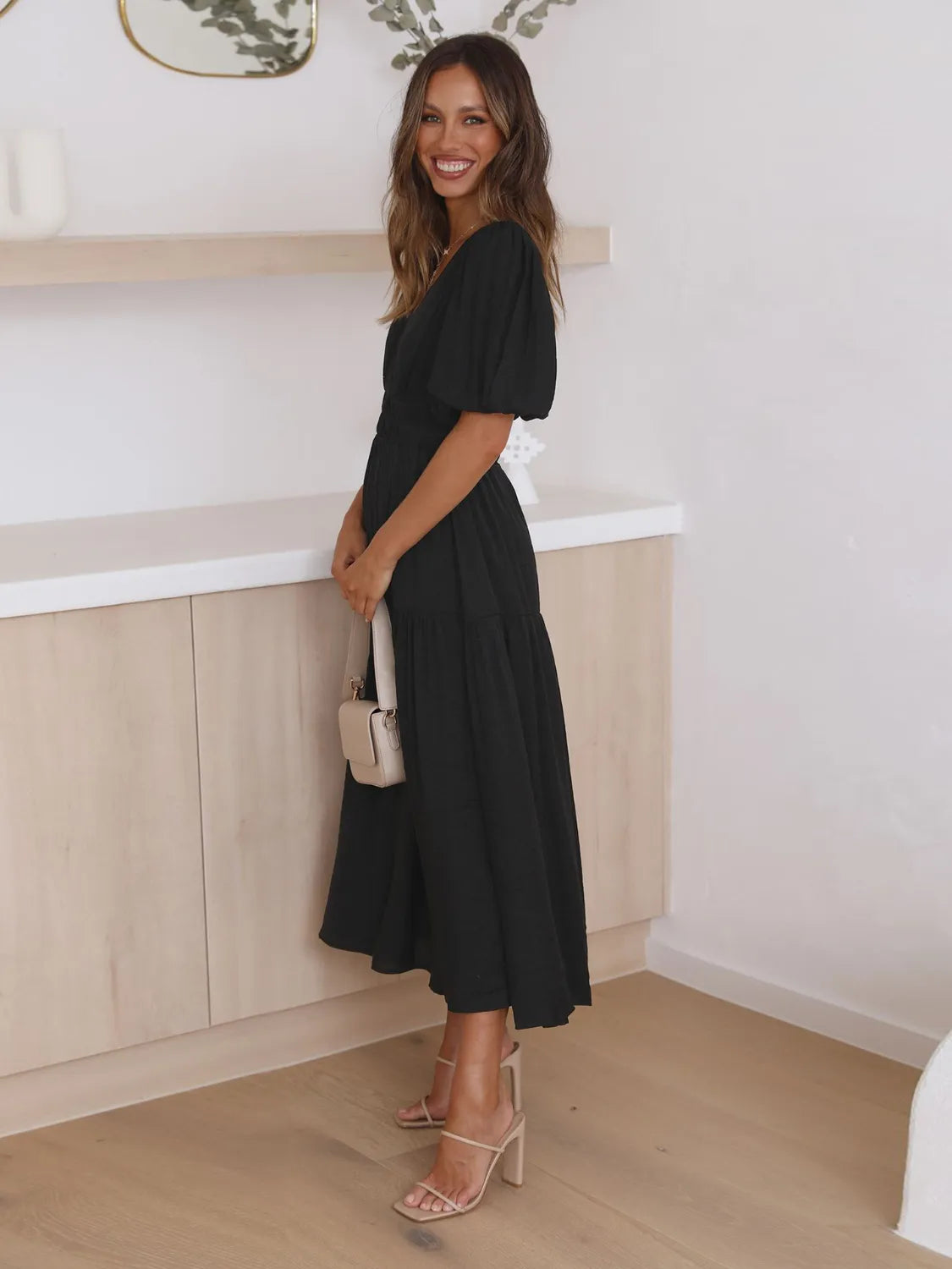 Tiered Surplice Half Sleeve Midi Dress