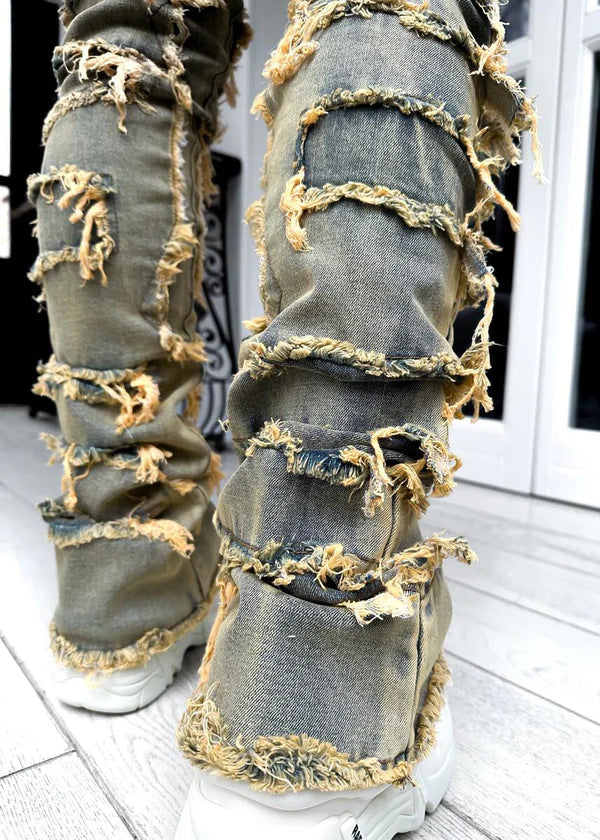 Men’s Fringed Ripped Stacked Jeans — Trendy Patched Slim Fit Trousers Dias Dazzling Discoveries