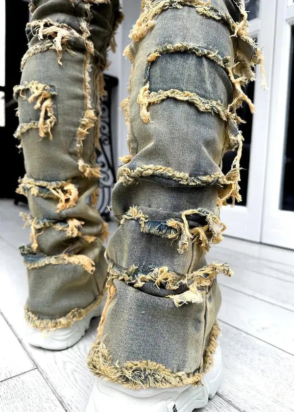 Men’s Fringed Ripped Stacked Jeans — Trendy Patched Slim Fit Trousers Trendsi