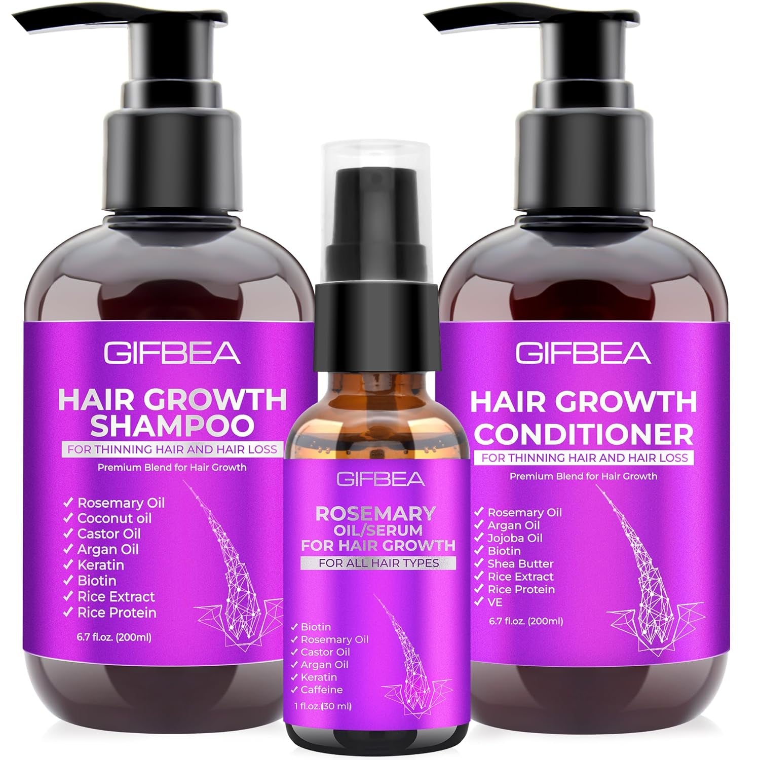 🌿 GIFBEA Hair Growth Shampoo & Conditioner Set with Rosemary Oil Serum – Thicker, Healthier Hair Starts Here
