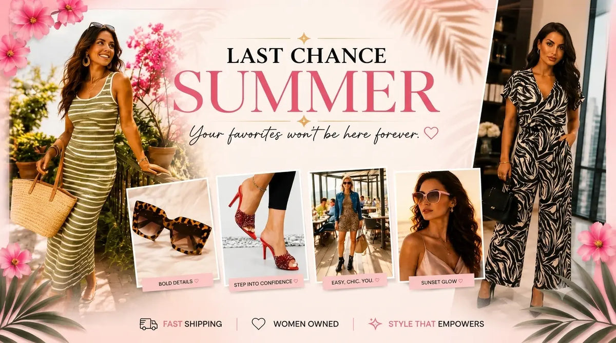 Promotional banner for a women's summer fashion collection, featuring two models wearing dresses, a central text overlay reading 'LAST CHANCE SUMMER', and four smaller inset images showcasing accessories and outfits. The design uses a warm pink and beige color palette with tropical leaf graphics