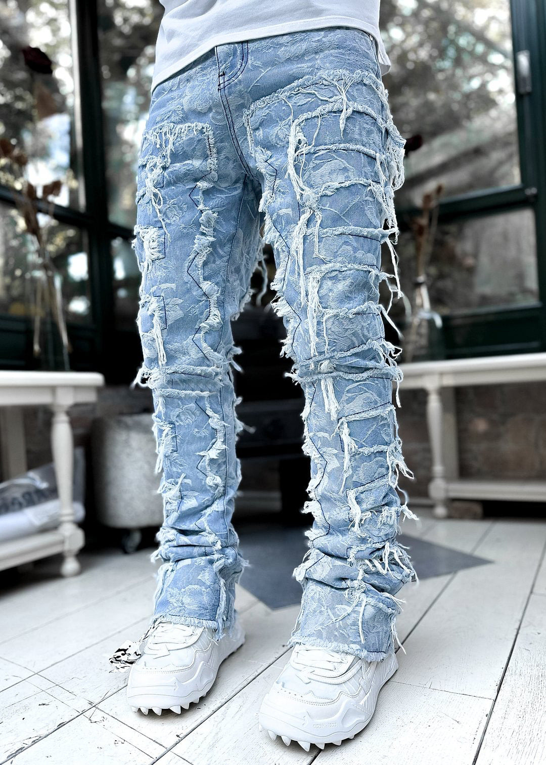 Men’s Fringed Ripped Stacked Jeans — Trendy Patched Slim Fit Trousers Dias Dazzling Discoveries