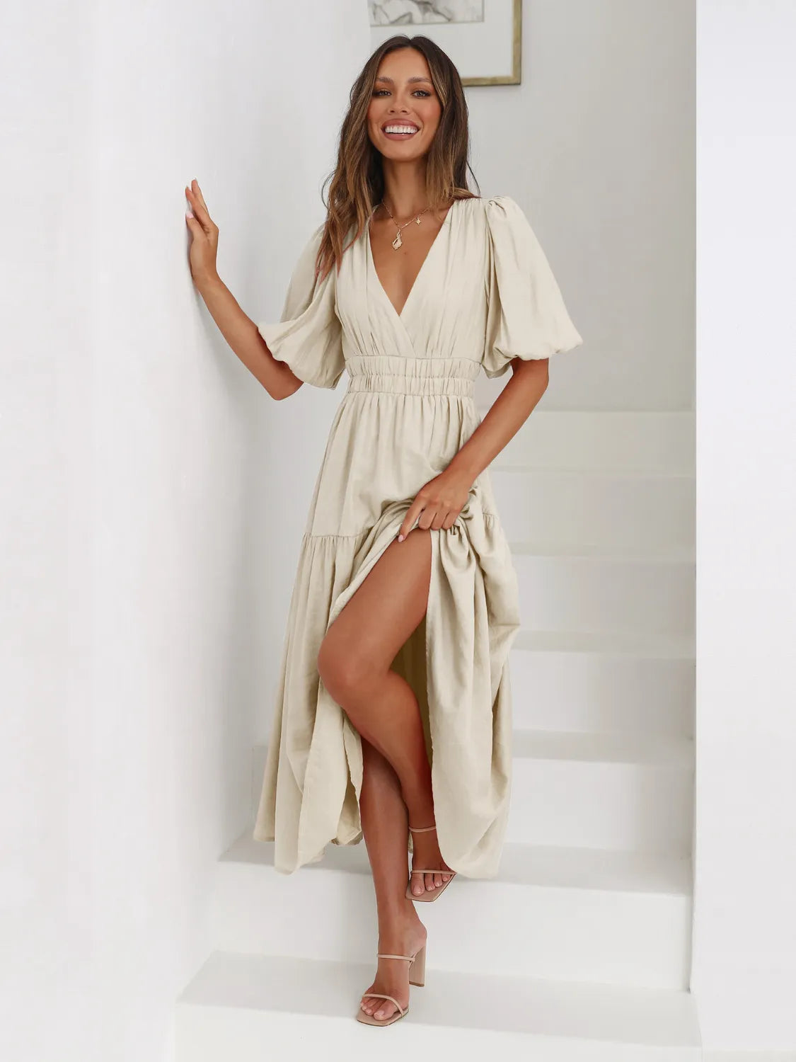 Tiered Surplice Half Sleeve Midi Dress