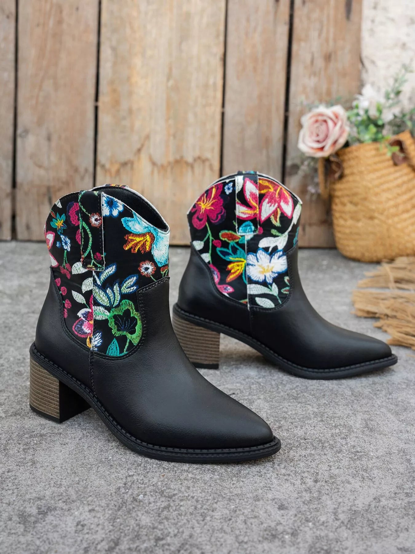 Floral Embroidered Western Ankle Boots