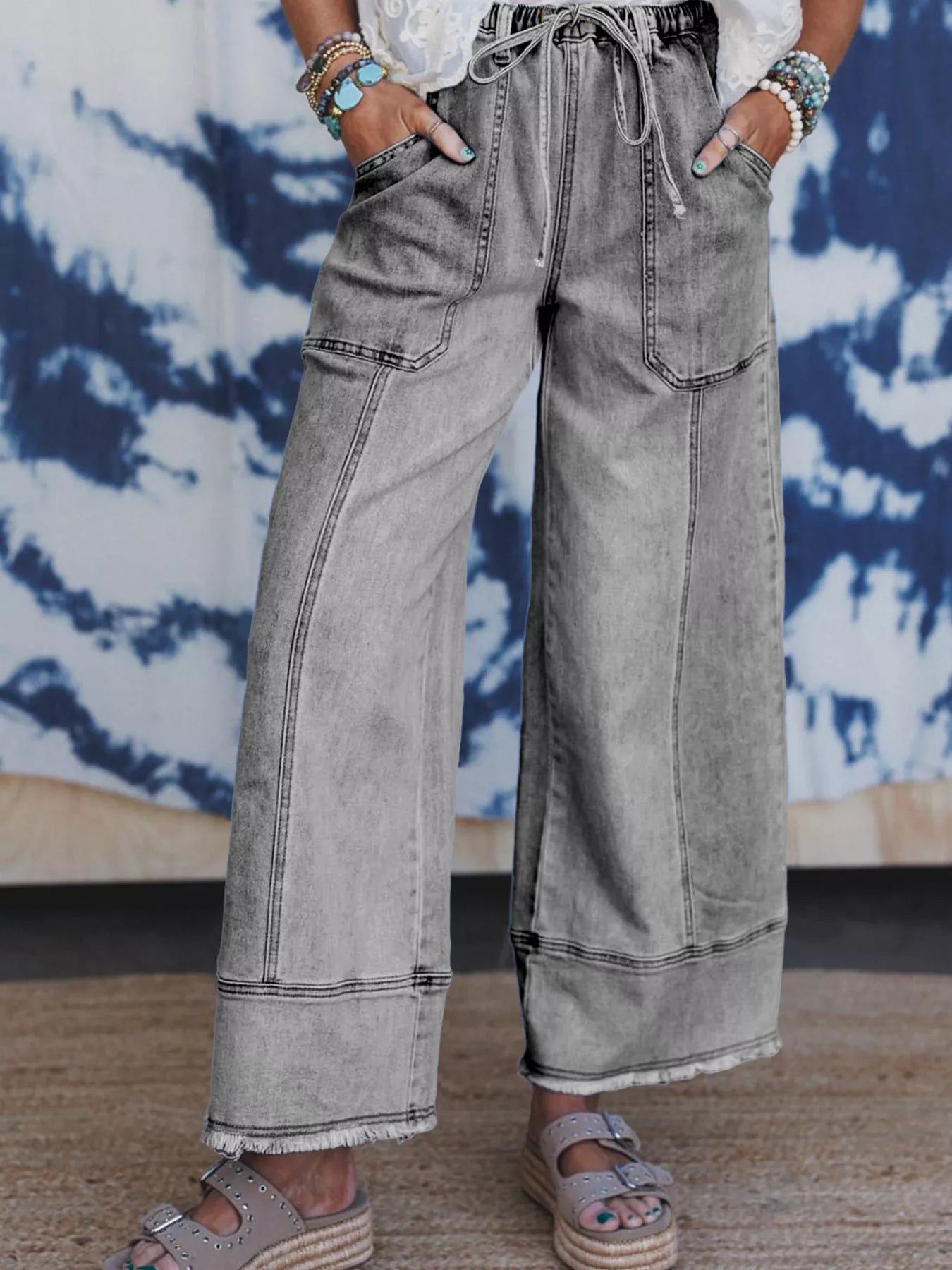 🧵 Wide Leg Drawstring Raw Hem Jeans - Dazzle in Every Detail