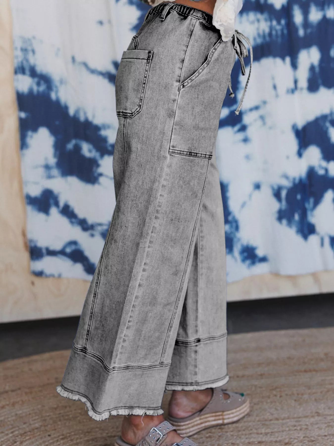 🧵 Wide Leg Drawstring Raw Hem Jeans - Dazzle in Every Detail