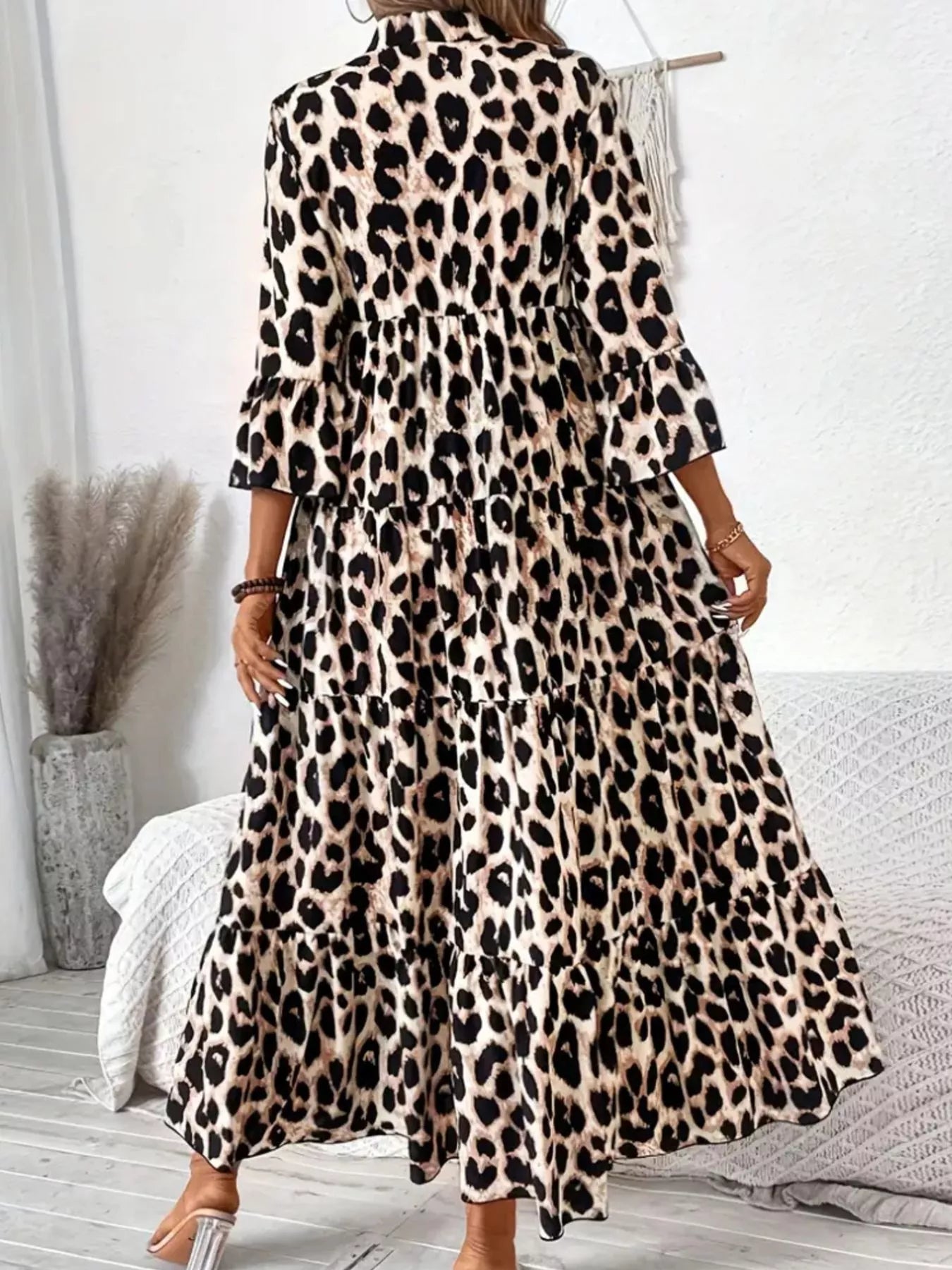 🐆 Leopard 3/4 Midi Dress – Ruched, Wild, and Ready to Dazzle
