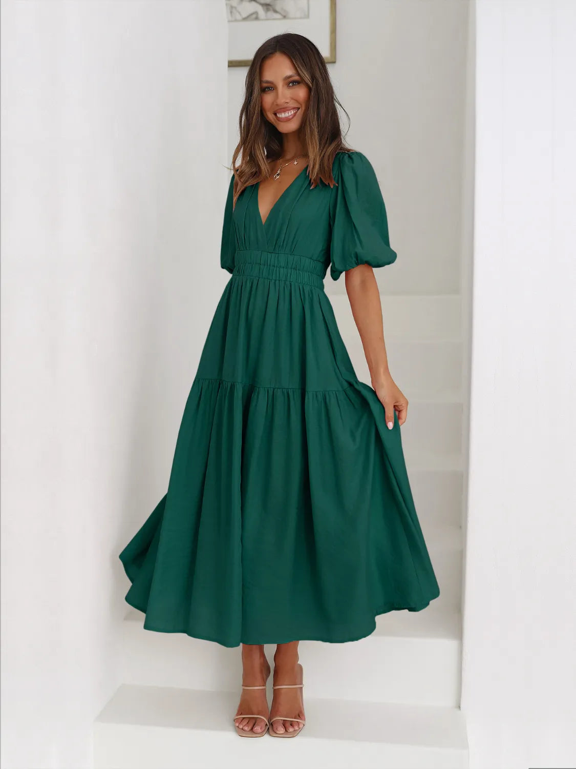 Tiered Surplice Half Sleeve Midi Dress